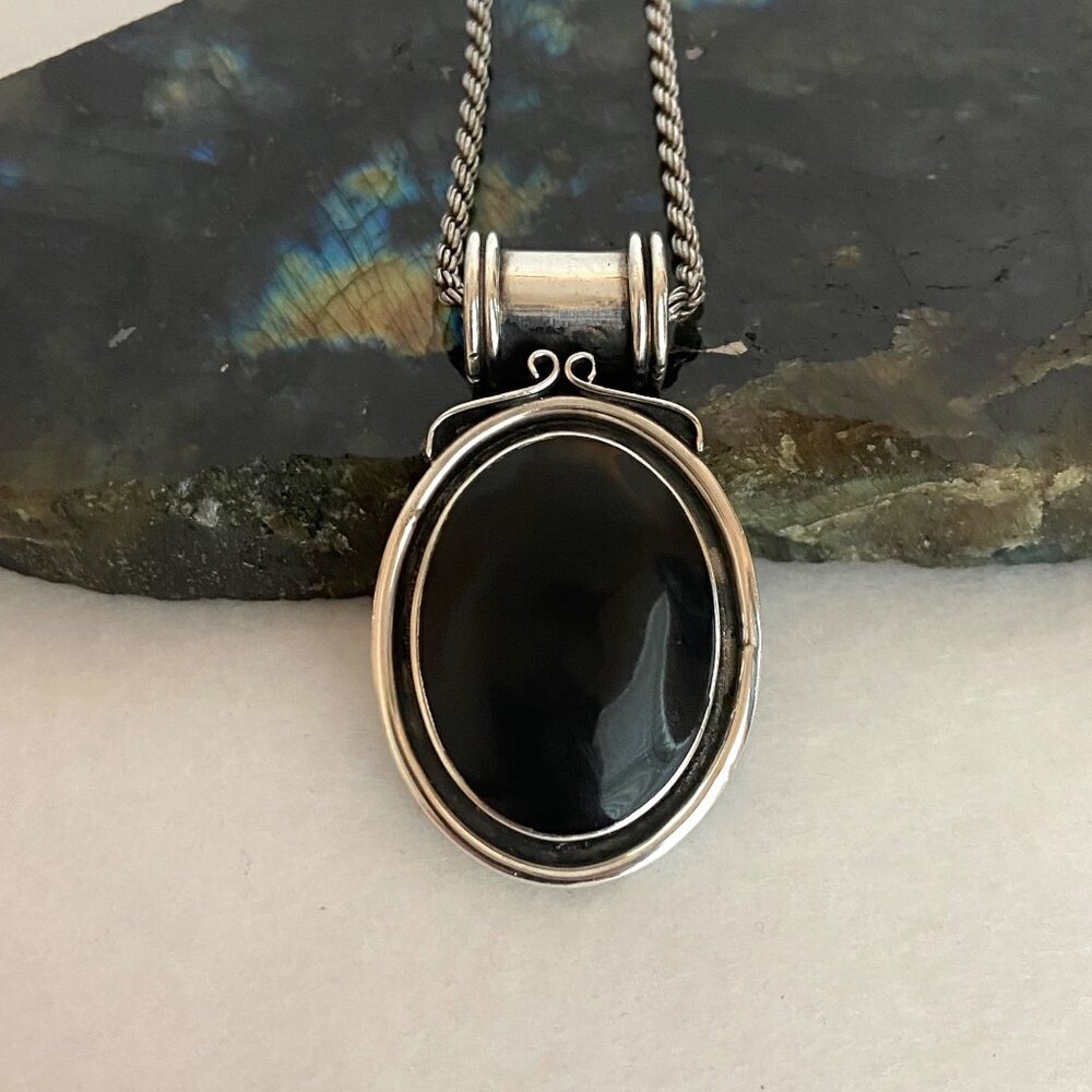 Sterling Silver 925 2" Chunky Oval Black Onyx Pendant Necklace 18" Rope Chain - Picture 5 of 16
